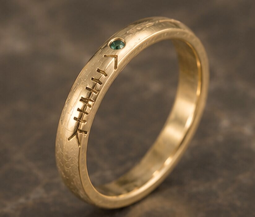 A medium yellow gold band with a name cut in Ogham along the outside and a small green tourmaline set into the line