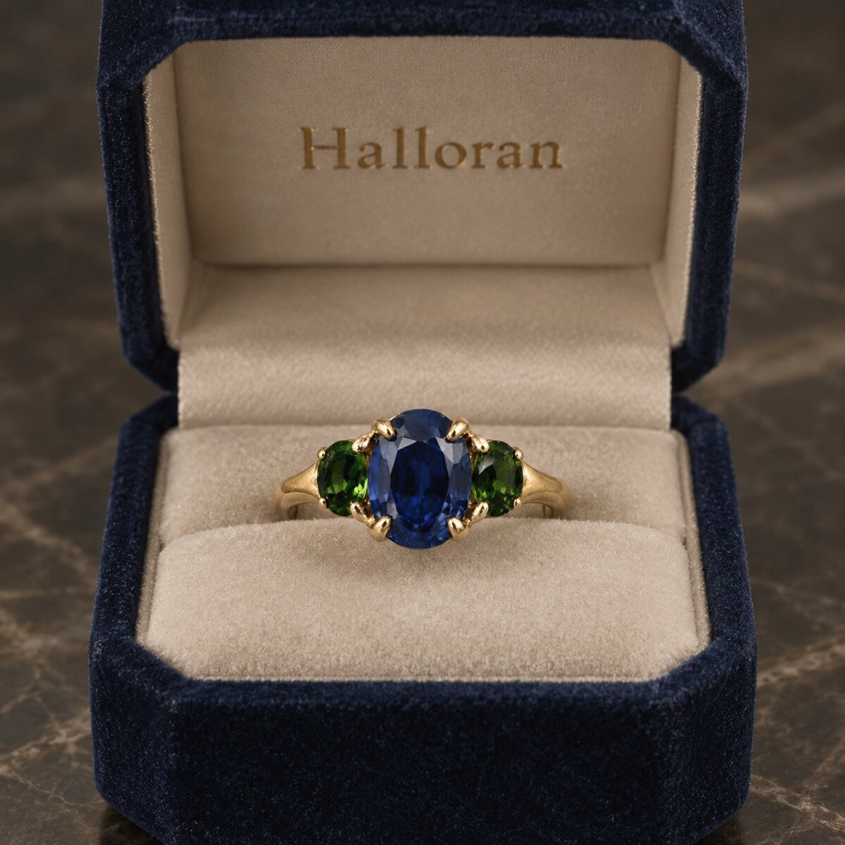 The finished ring in an open navy velvet box with Halloran printed in gold on the lid: an oval blue sapphire with a small oval green tourmaline either side