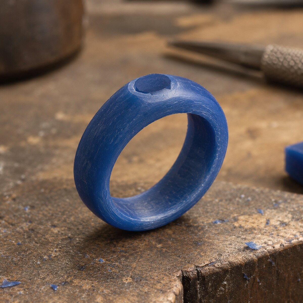 A ring carved in blue jeweller's wax, with a low round seat for the stone, on a worn wooden bench