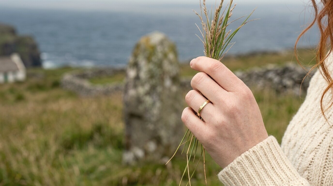 A hand in a cream wool sleeve holds a bunch of wild grass, a thin gold band on the ring finger, with a lichen-covered standing stone and the sea out of focus behind
